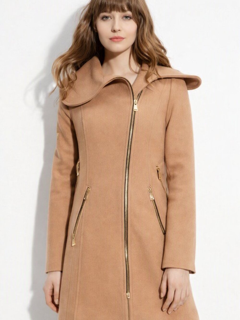 Soia & Kyo Wool Blend Asymmetrical Zipper Style Tan Longline Jacket Size Medium